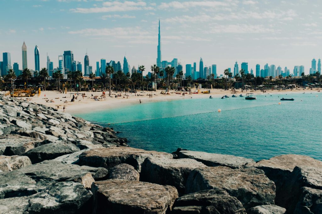 pexels-photo-3689452-3689452 Stunning view of Dubai's beach and skyline with the iconic Burj Khalifa.