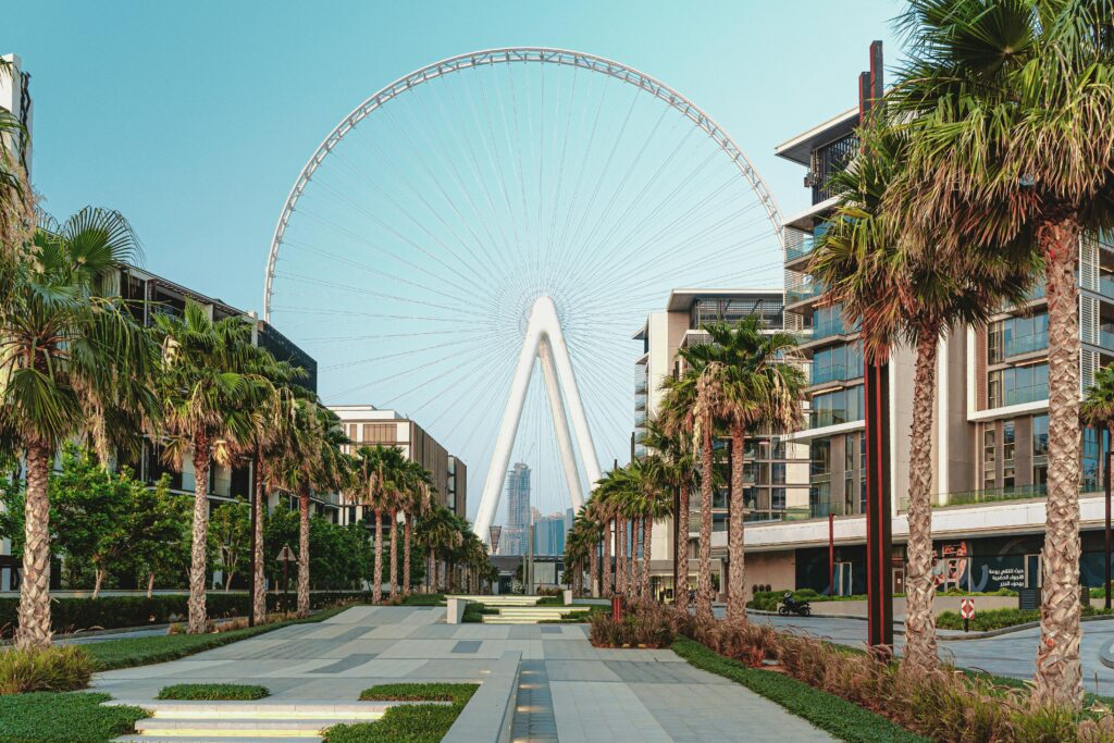 pexels-photo-4624577-4624577 Symmetrical view of a cityscape with a Ferris wheel and palm-lined walkway.