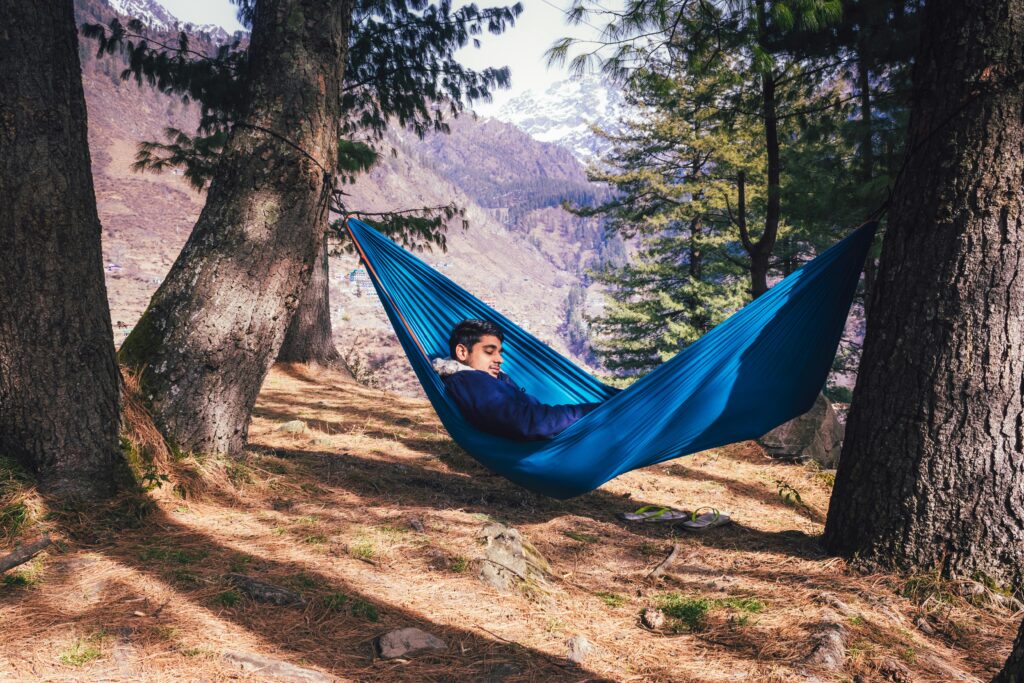 pexels-photo-8020067-8020067 A man enjoys a serene nap in a hammock under tall pine trees in the Himalayas.