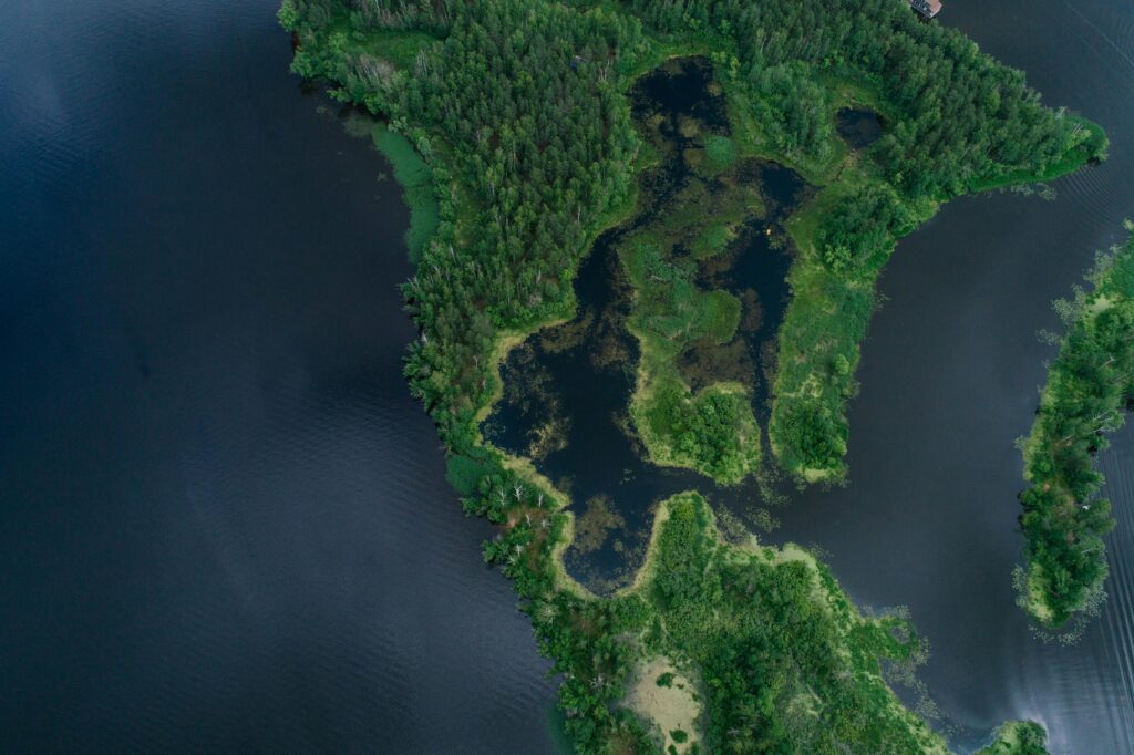 pexels-photo-8412432-8412432 A scenic aerial view of a lush, green island surrounded by calm blue waters.